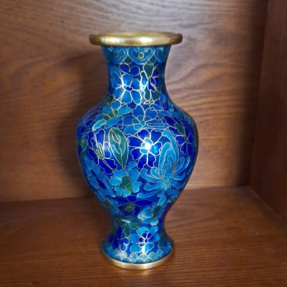 Vintage Cloisonne Elegant Blue and Gold Floral Vase - Picture 1 of 4